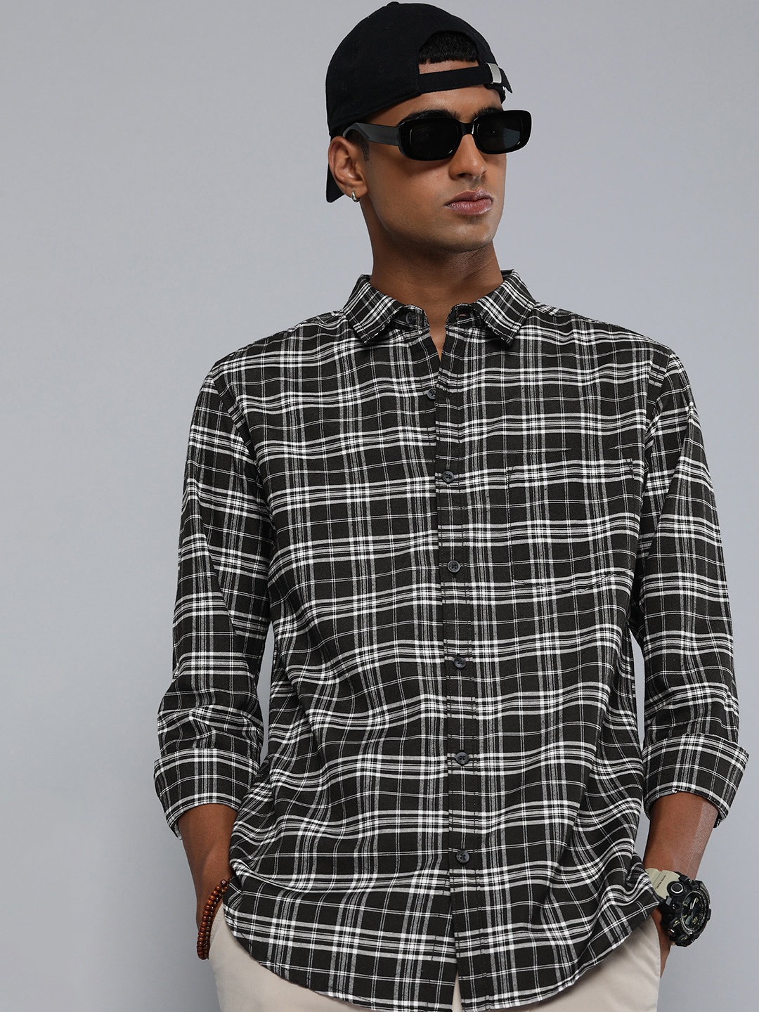 

R.Code by The Roadster Life Co. Classic Tartan Checked Casual Shirt, Black