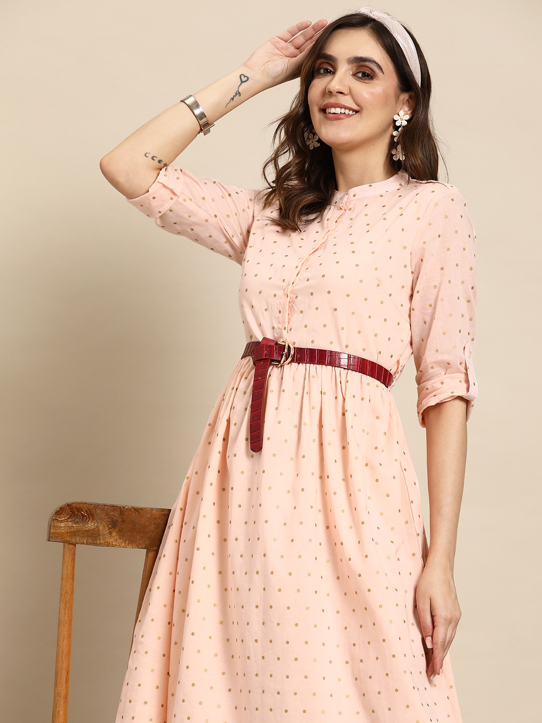 

Sangria Polka Dot Print Cotton A-Line Midi Dress, Pink