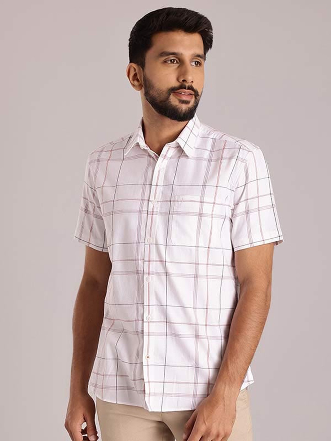 

Indian Terrain Chiseled Slim Fit Windowpane Checked Casual Pure Cotton Shirt, White