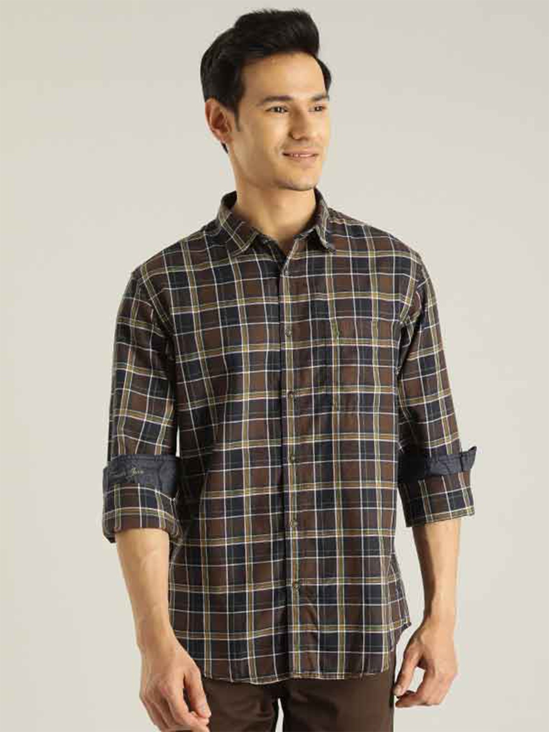 

Indian Terrain Chiseled Slim Fit Checked Pure Cotton Casual Shirt, Brown