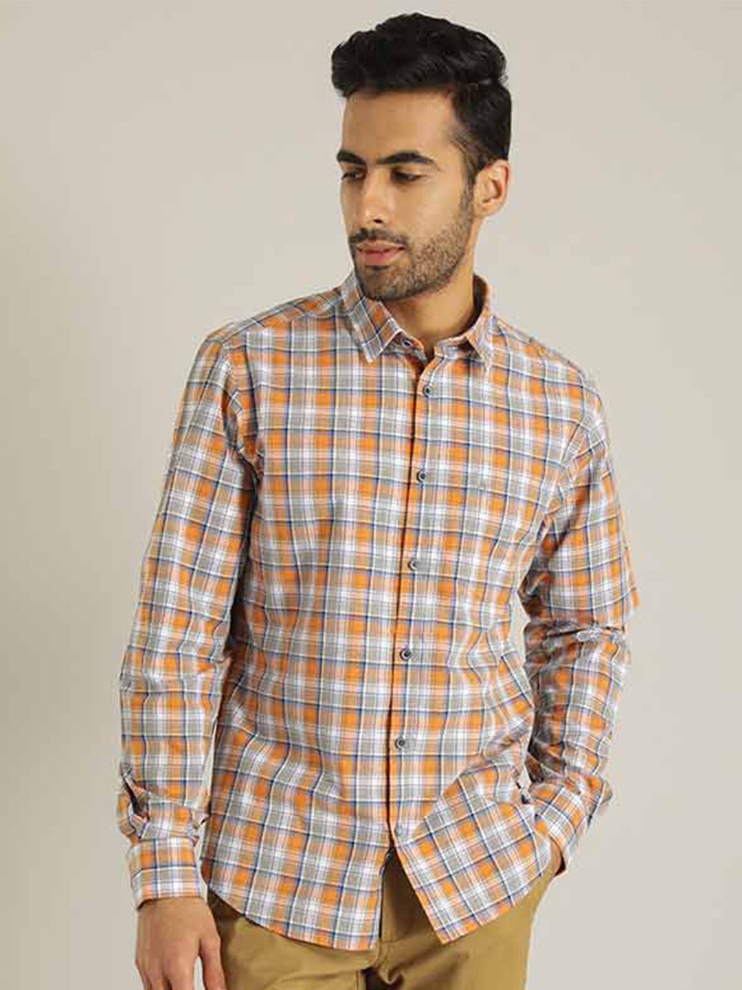 

Indian Terrain Men Chiseled Slim Fit Tartan Checked Pure Cotton Casual Shirt, Orange