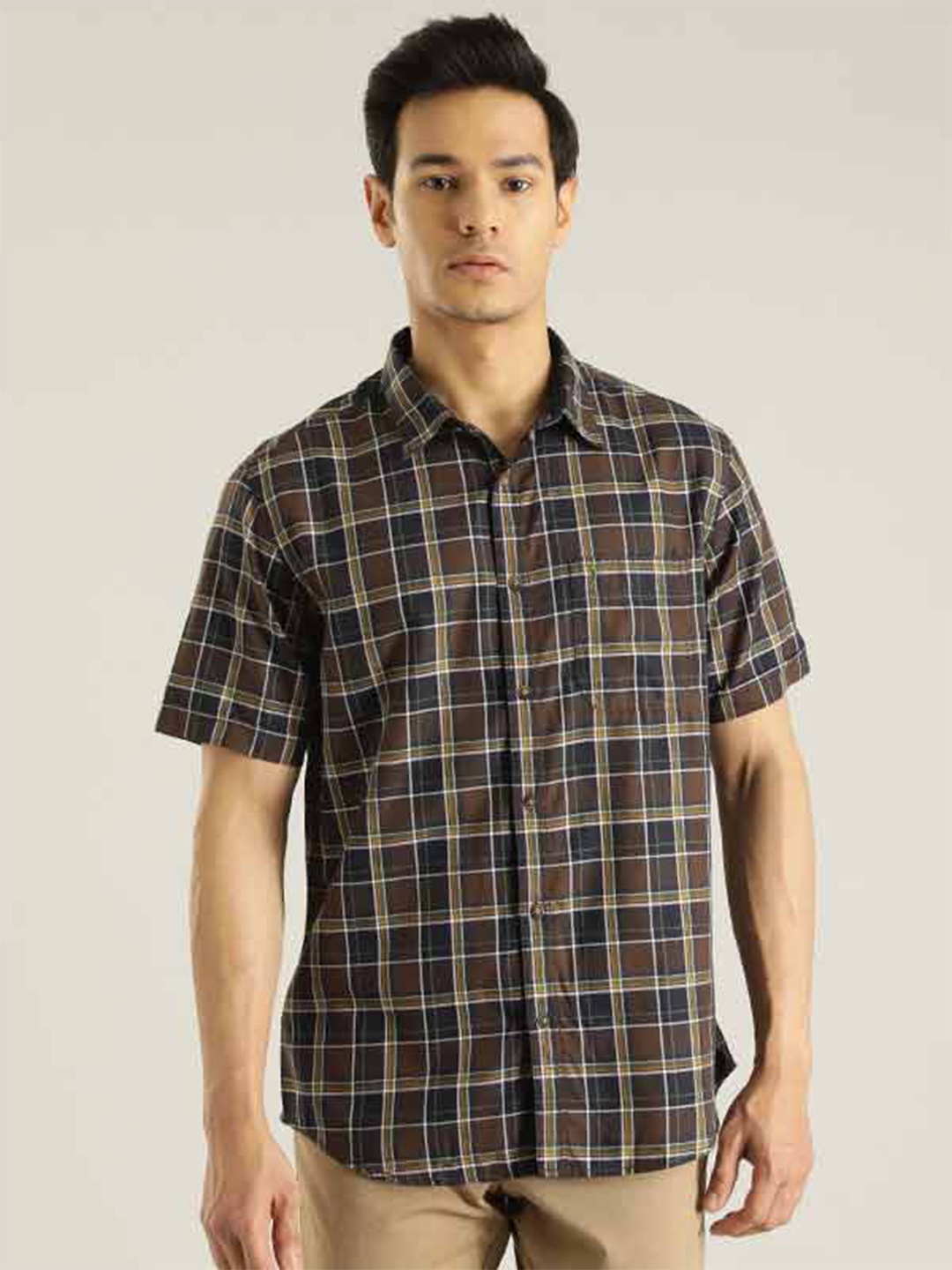

Indian Terrain Chiseled Slim Fit Tartan Checked Pure Cotton Casual Shirt, Brown