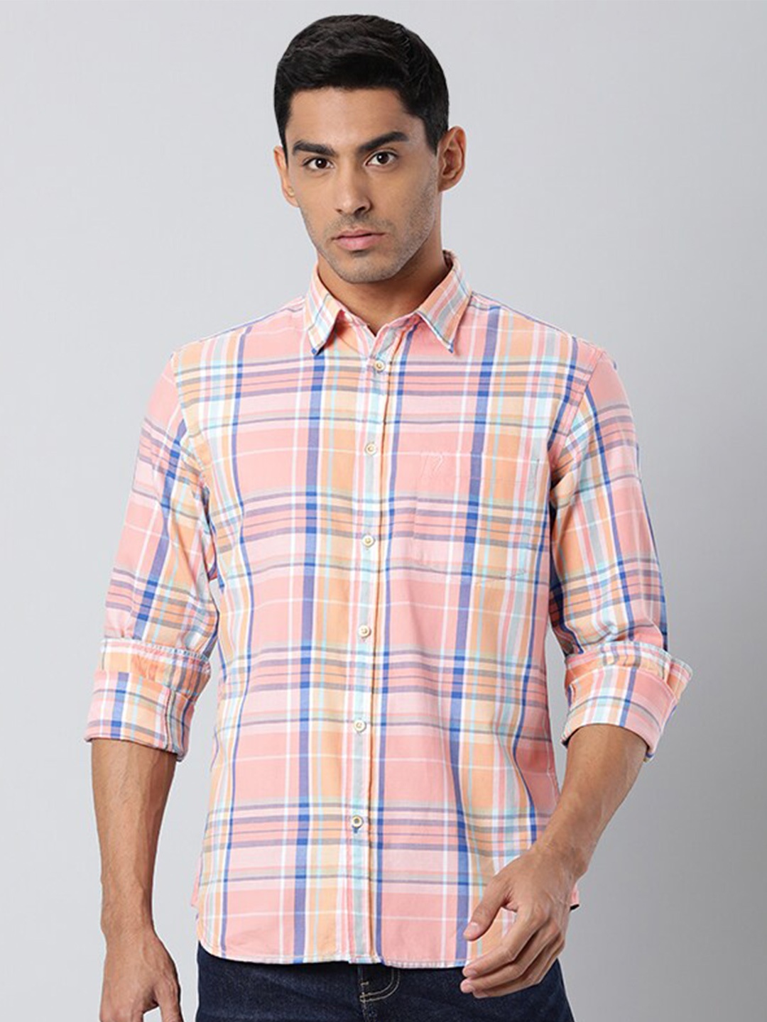 

Indian Terrain Tartan Checks Chiseled Slim Fit Cotton Casual Shirt, Peach