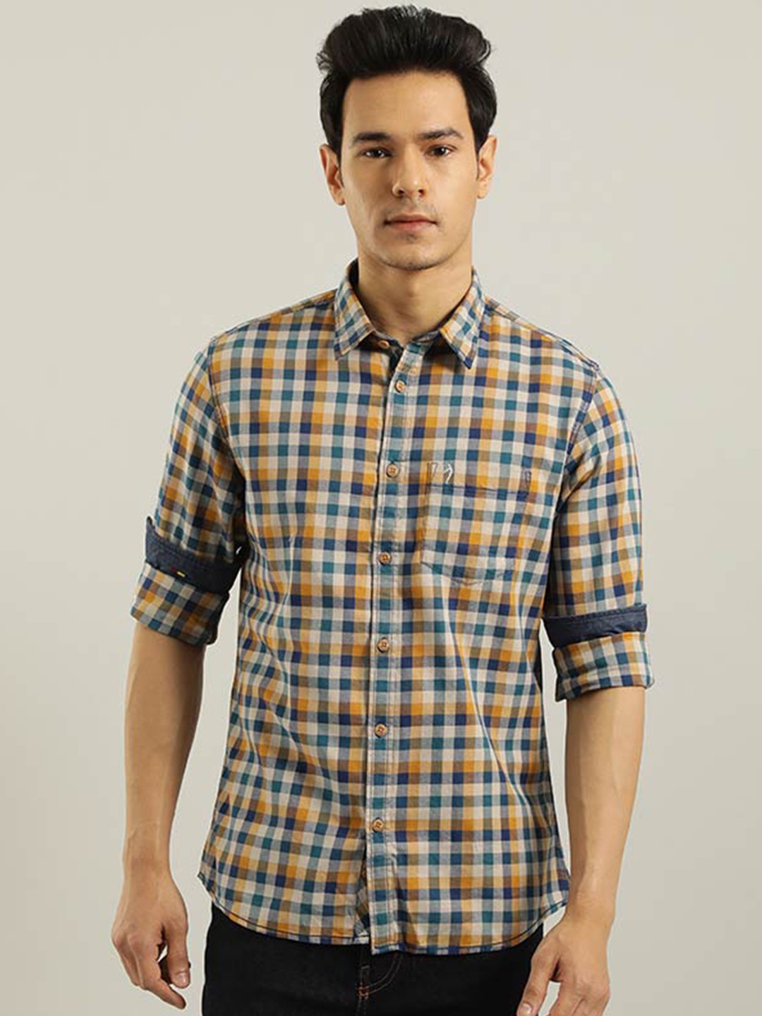 

Indian Terrain Chiseled Slim Fit Tartan Checked Casual Cotton Shirt, Beige