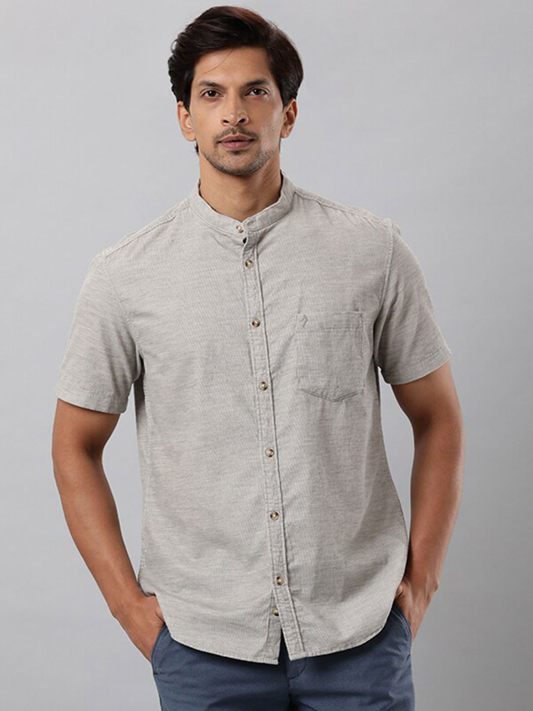 

Indian Terrain Chiseled Slim Fit Opaque Pure Cotton Mandarin Collar Casual Shirt, Brown