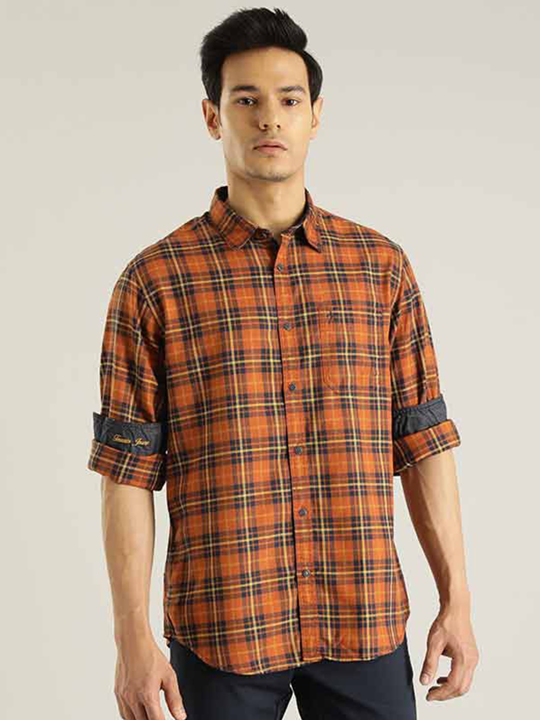 

Indian Terrain Chiseled Slim Fit Tartan Checks Checked Pure Cotton Shirt, Red