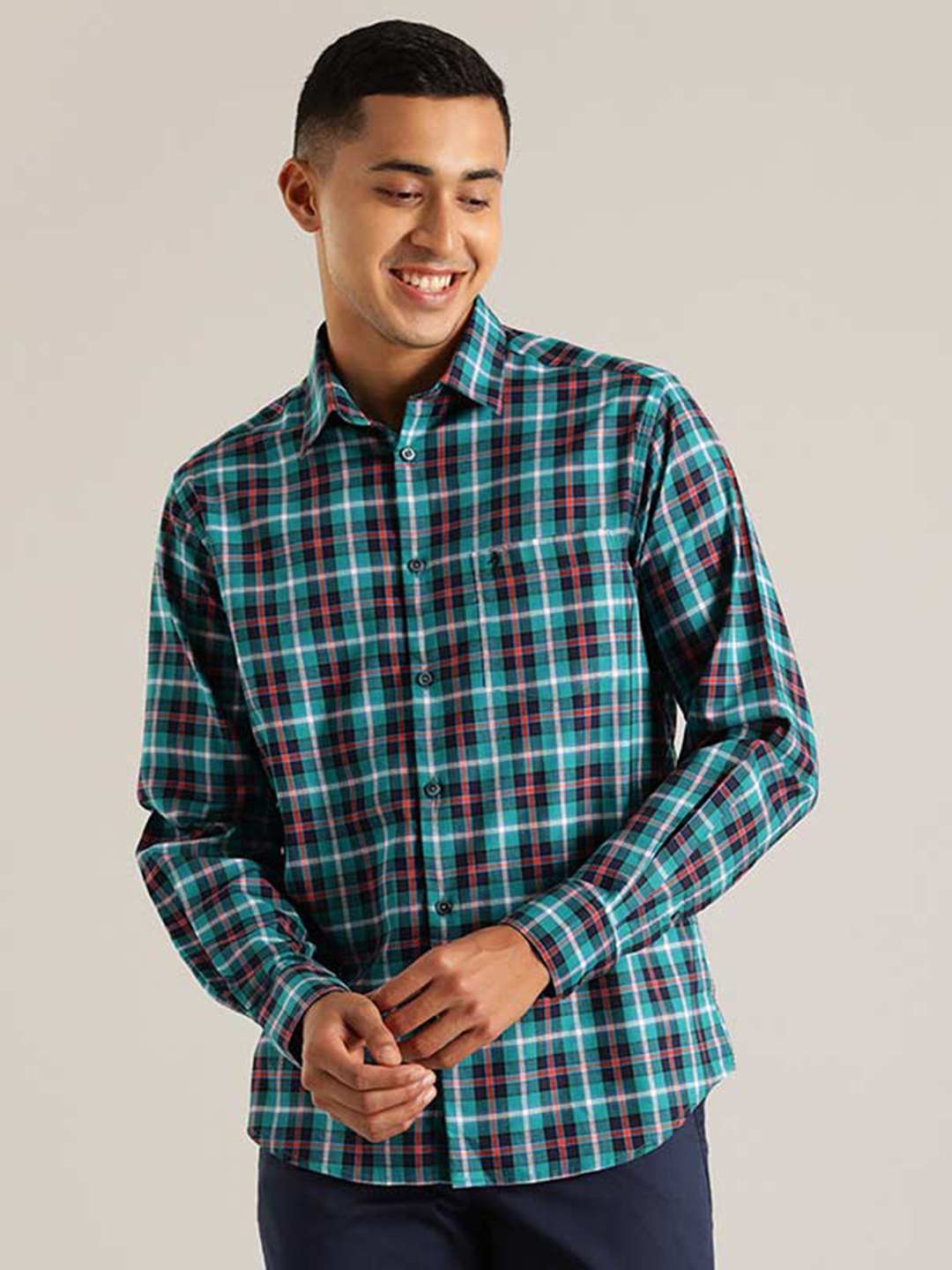 

Indian Terrain Chiseled Tartan Checked Slim Fit Pure Cotton Casual Shirt, Green