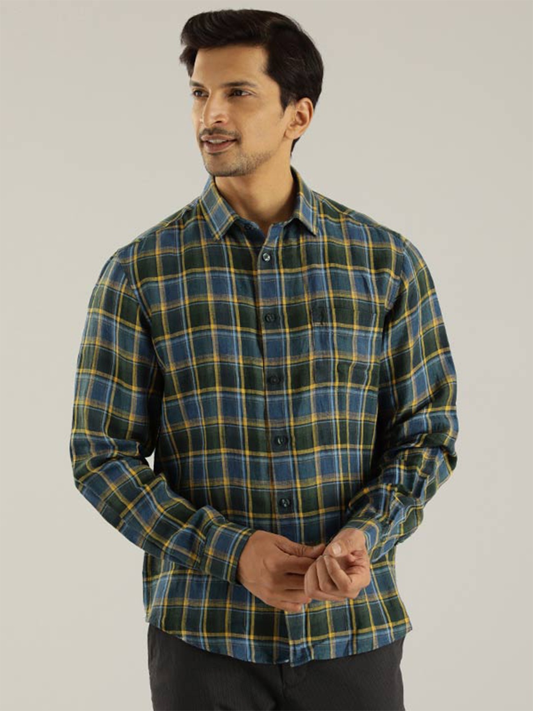 

Indian Terrain Chiseled Slim Fit Tartan Checked Pure Cotton Casual Shirt, Yellow