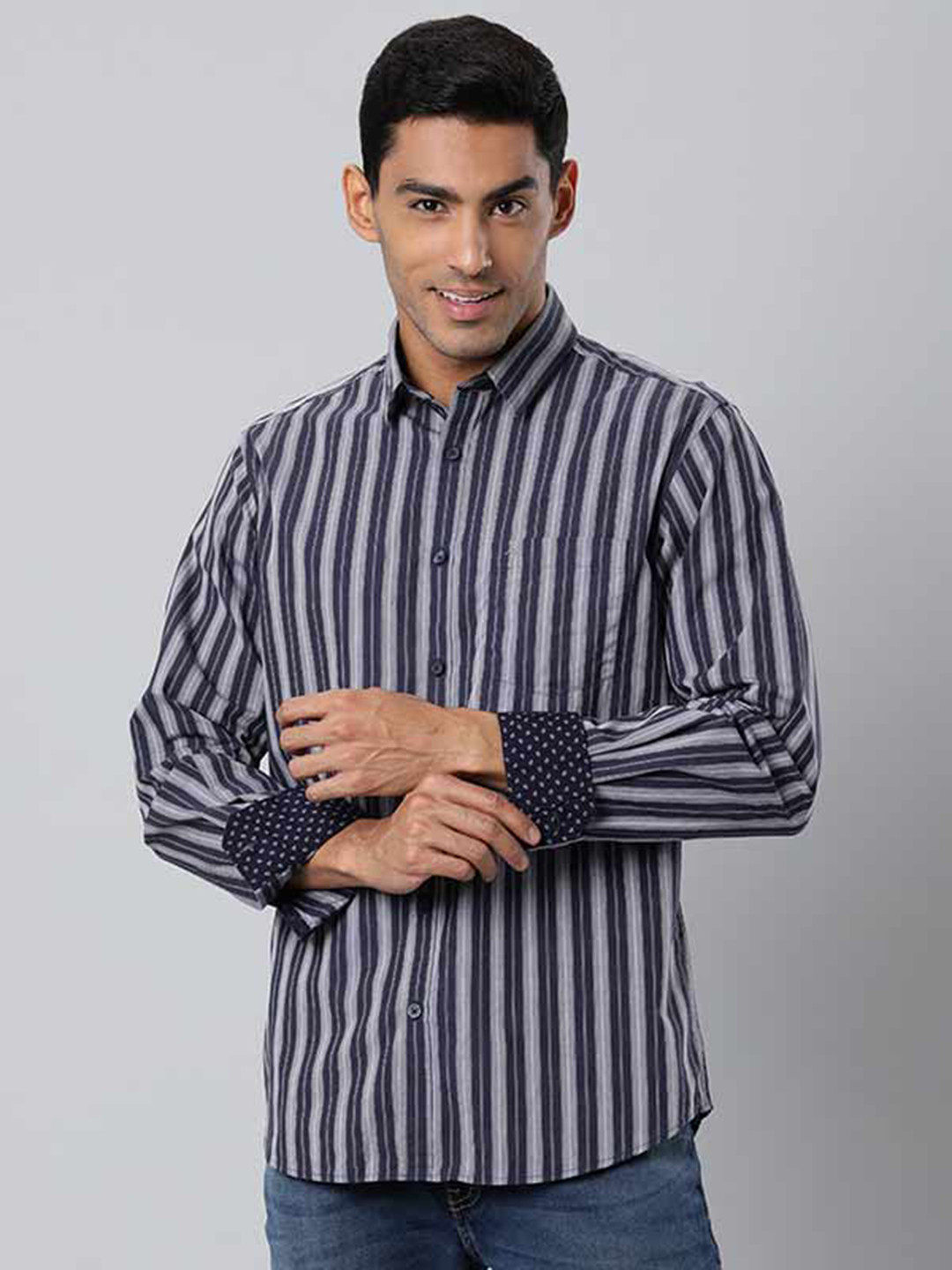 

Indian Terrain Plus Size Vertical Striped Chiseled Slim Fit Pure Cotton Casual Shirt, Blue