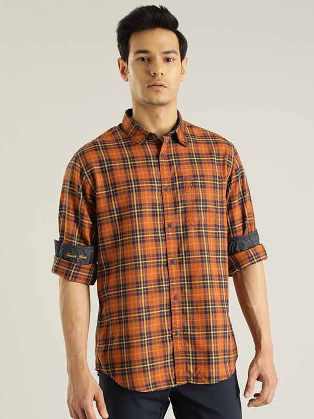 

Indian Terrain Chiseled Slim Fit Tartan Checks Pure Cotton Casual Shirt, Orange