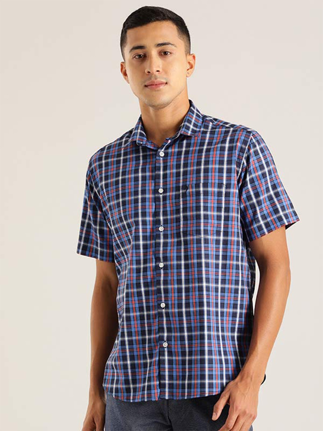 

Indian Terrain Chiseled Slim Fit Tartan Checked Casual Cotton Shirt, Blue