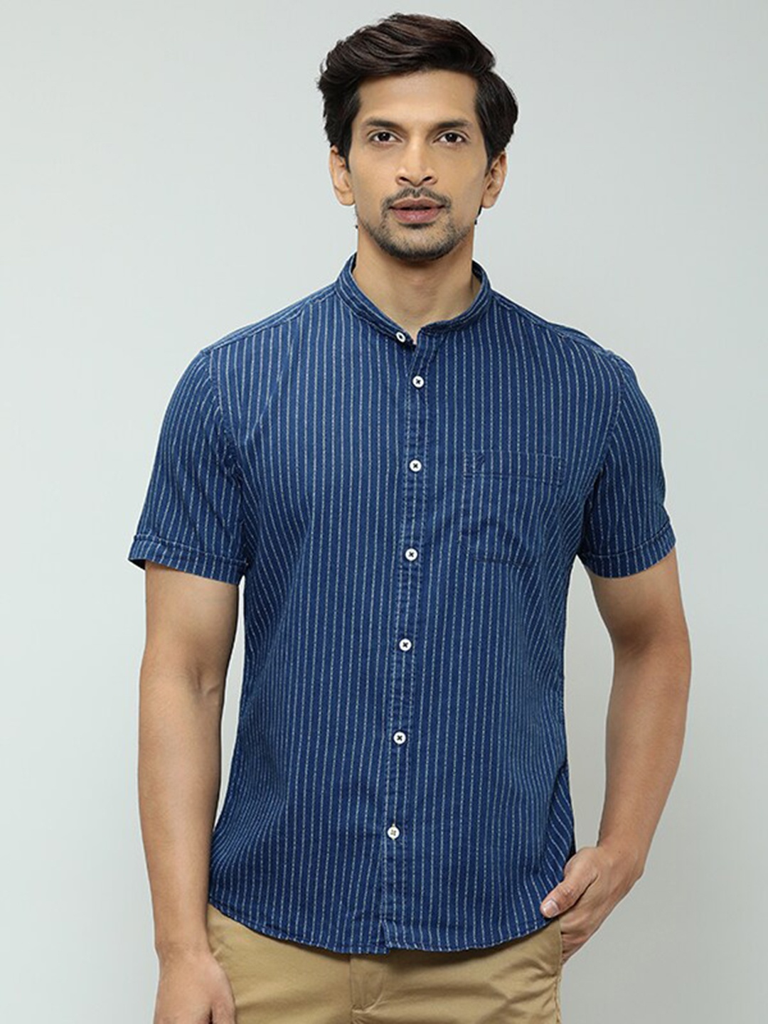

Indian Terrain Chiseled Slim Fit Striped Casual Cotton Shirt, Blue