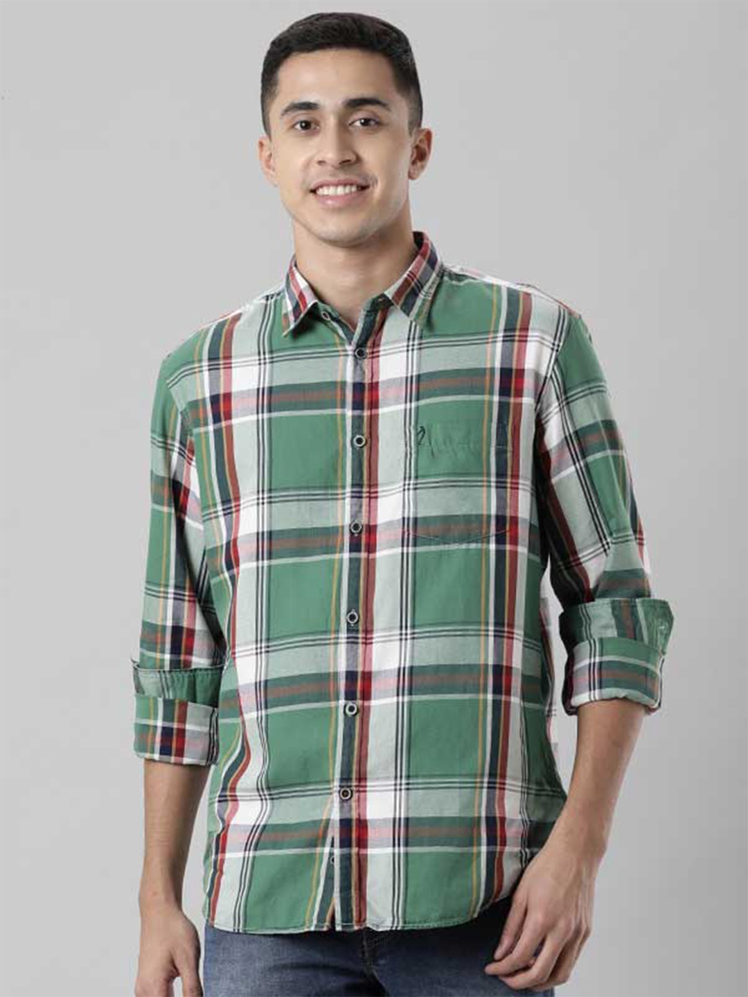 

Indian Terrain Chiseled Slim Fit Tartan Checked Pure Cotton Casual Shirt, Green