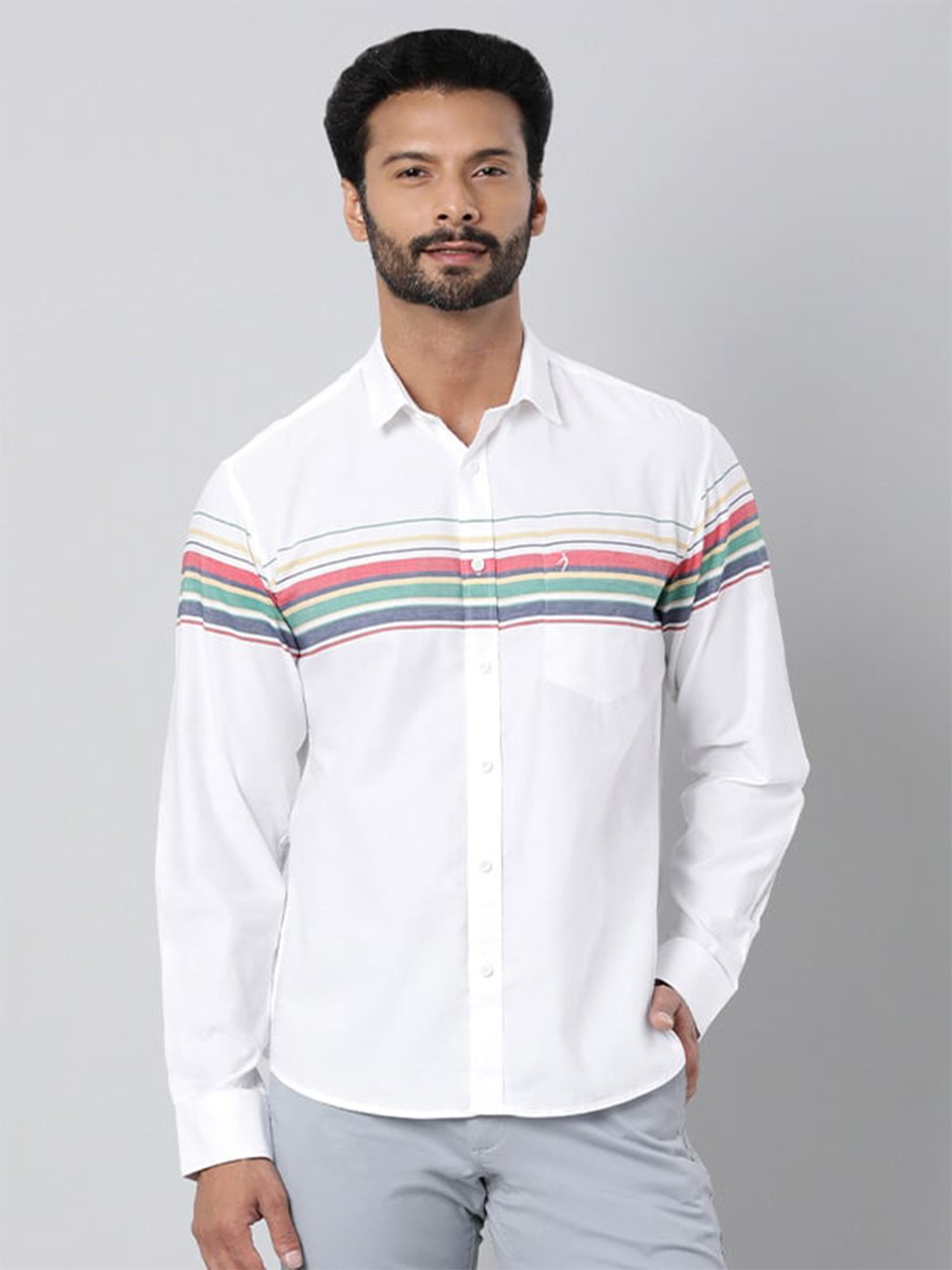

Indian Terrain Chiseled Slim Fit Horizontal Striped Casual Pure Cotton Shirt, White