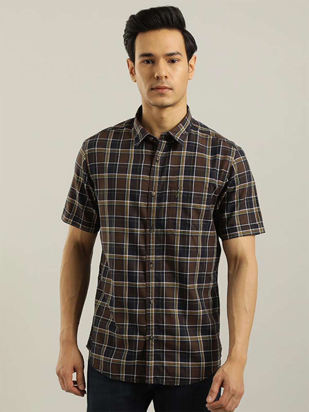 

Indian Terrain Tartan Checked Chiseled Slim Fit Pure Cotton Casual Shirt, Brown