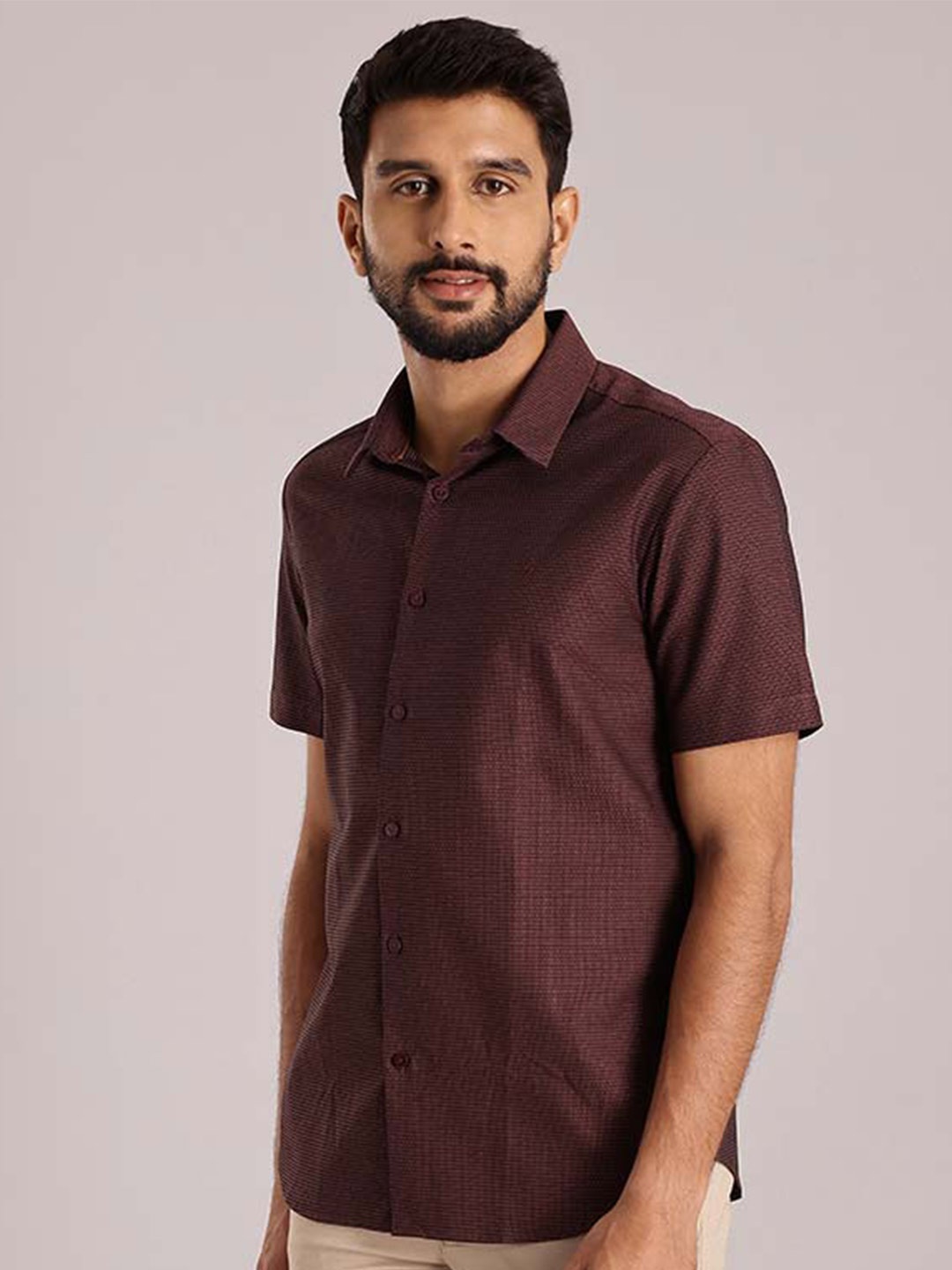 

Indian Terrain Chiseled Slim Fit Self Designed Casual Pure Cotton Shirt, Red