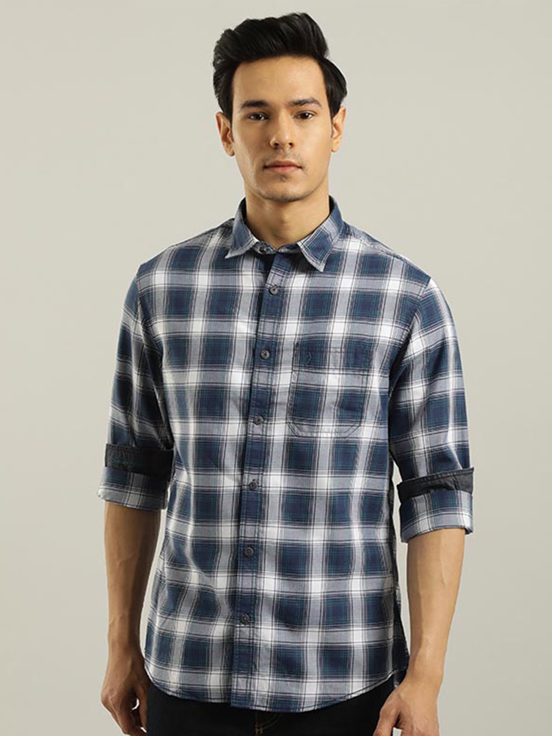 

Indian Terrain Chiseled Tartan Checked Spread Collar Pure Cotton Slim Fit Casual Shirt, Blue