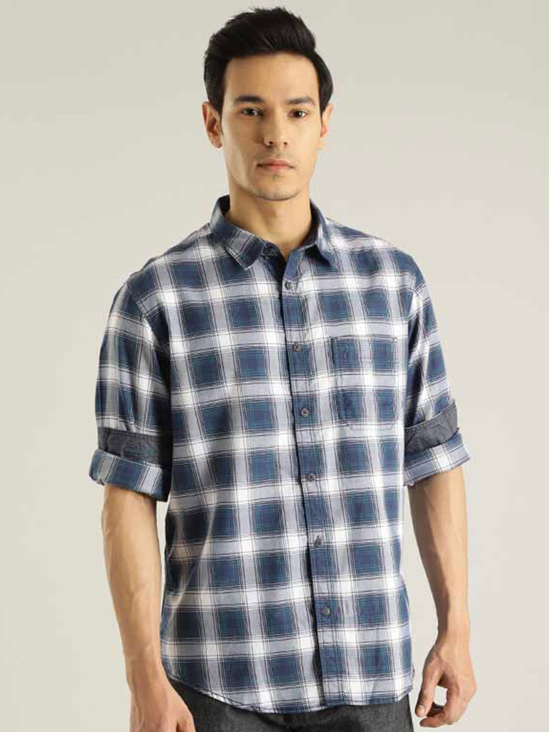 

Indian Terrain Chiseled Slim Fit Checked Pure Cotton Casual Shirt, Blue