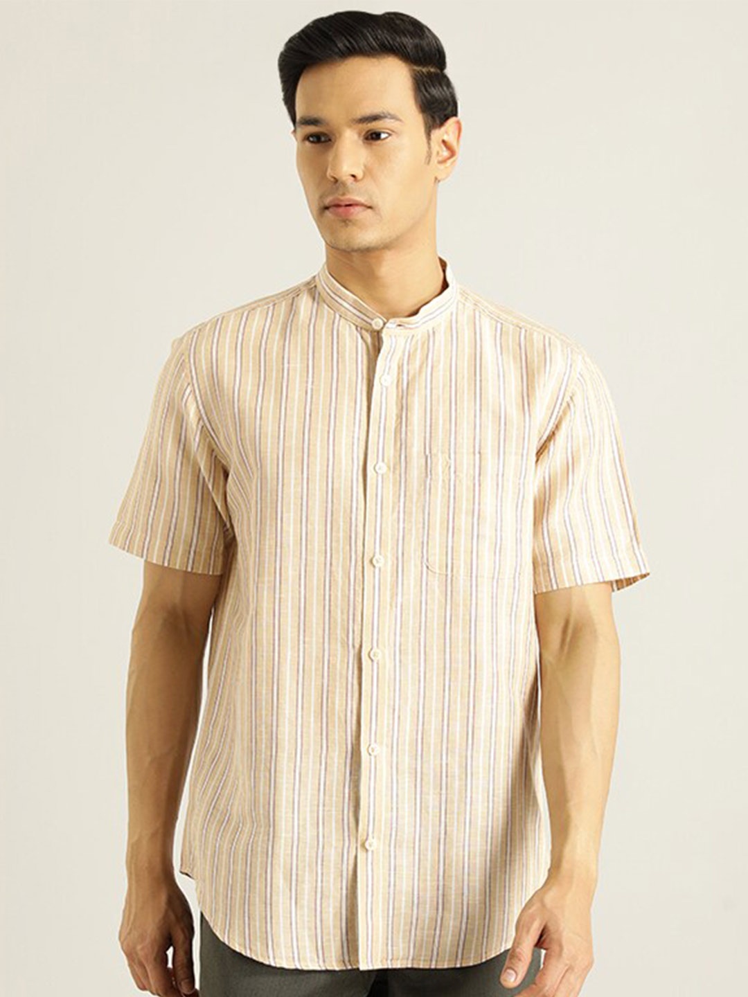 

Indian Terrain Striped Mandarin Collar Chiseled Fit Slim Fit Pure Cotton Casual Shirt, Brown