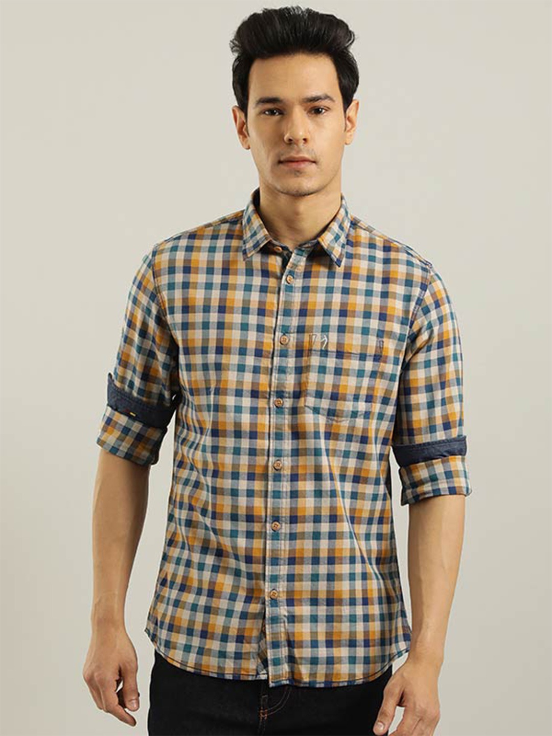 

Indian Terrain Checked Chiseled Slim Fit Tartan Checks Opaque Pure Cottton Casual Shirt, Navy blue