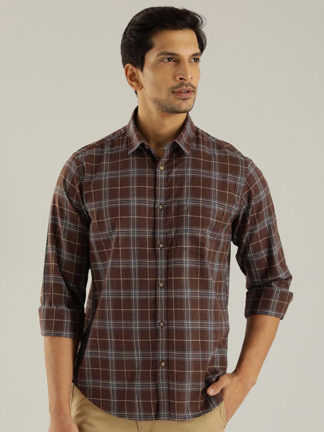 

Indian Terrain Chiseled Slim Fit Tartan Checks Opaque Checked Pure Cotton Casual Shirt, Brown