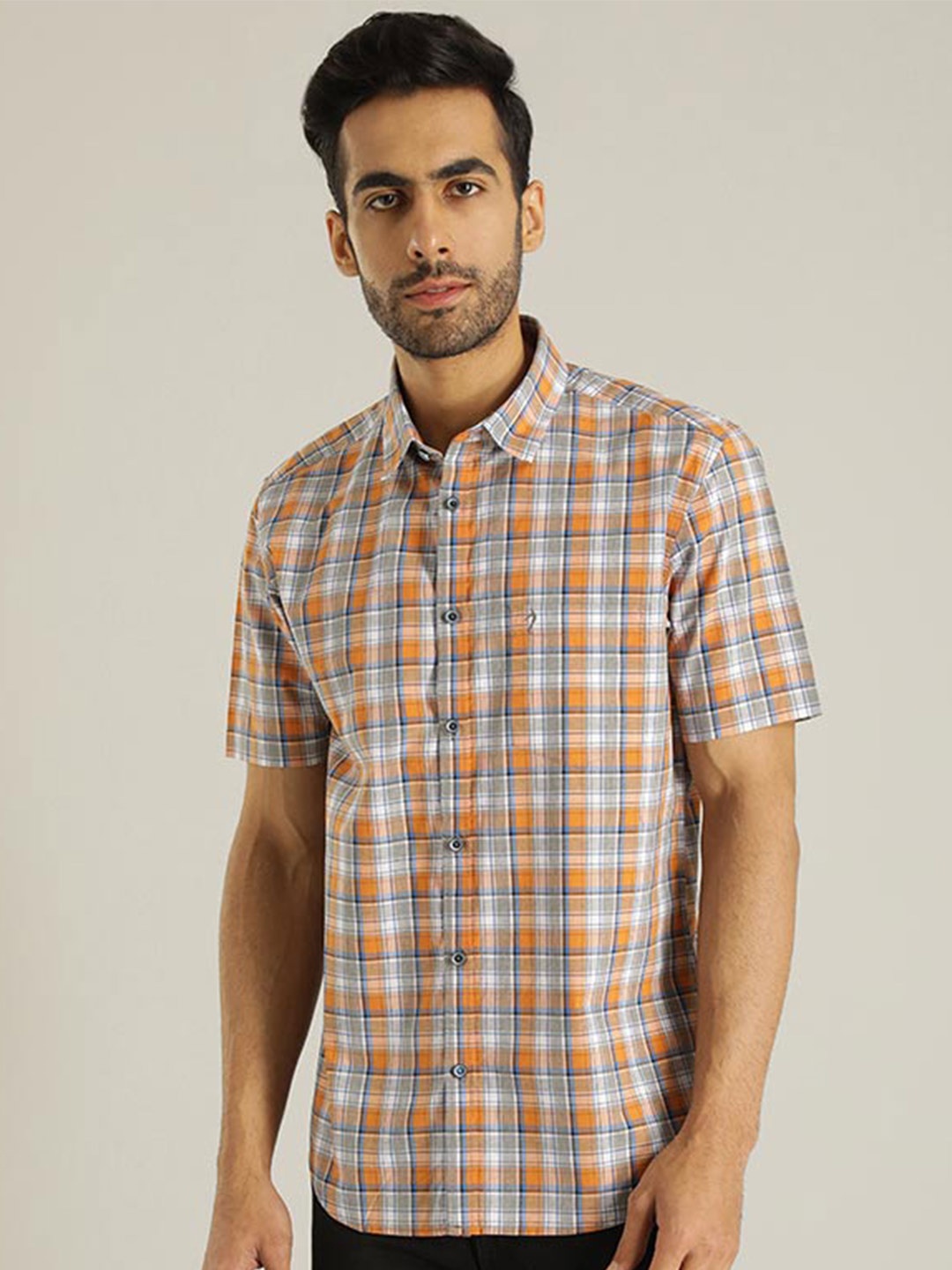 

Indian Terrain Chiseled Slim Fit Tartan Checks Pure Cotton Casual Shirt, Orange
