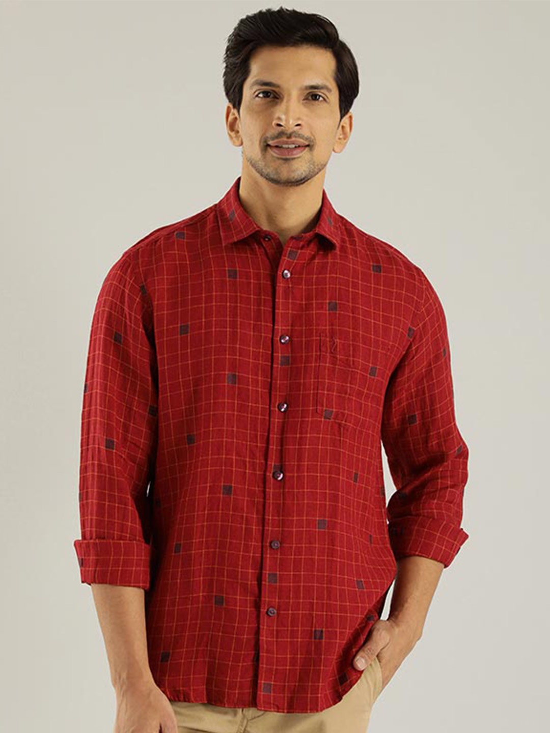 

Indian Terrain Chiseled Slim Fit Opaque Checked Pure Cotton Casual Shirt, Red