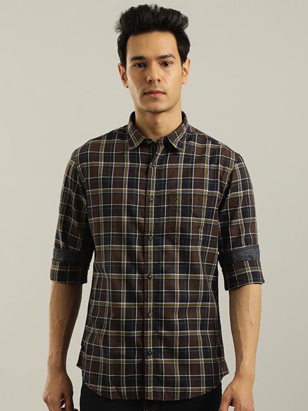 

Indian Terrain Chiseled Slim Fit Tartan Checks Pure Cotton Casual Shirt, Brown