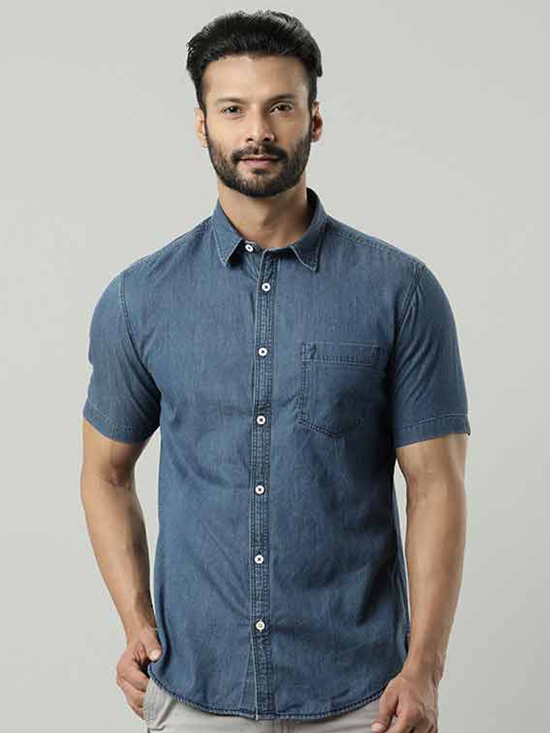 

Indian Terrain Chiseled Slim Fit Opaque Faded Casual Shirt, Blue