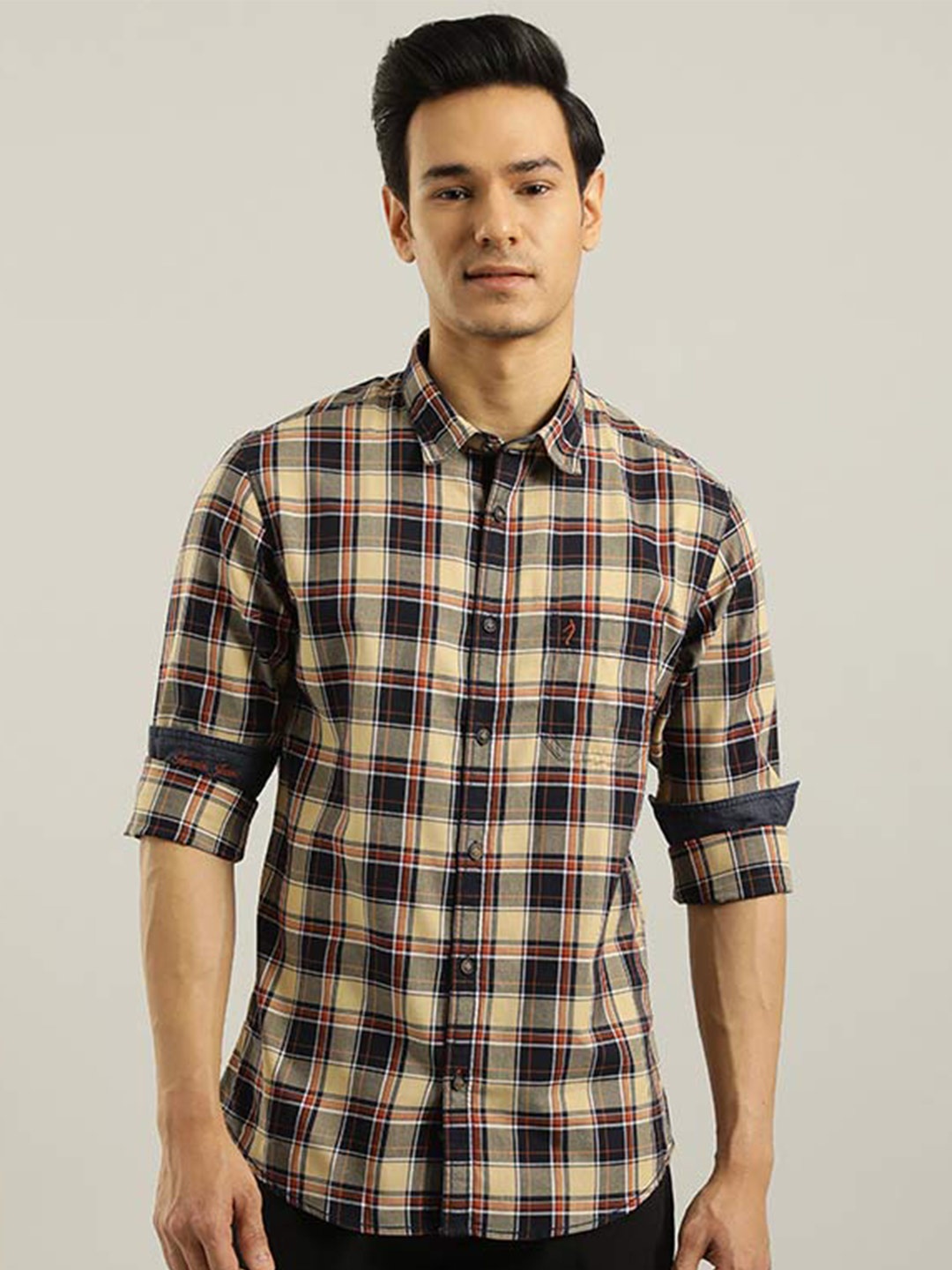 

Indian Terrain Chiseled Slim Fit Tartan Checked Casual Cotton Shirt, Cream
