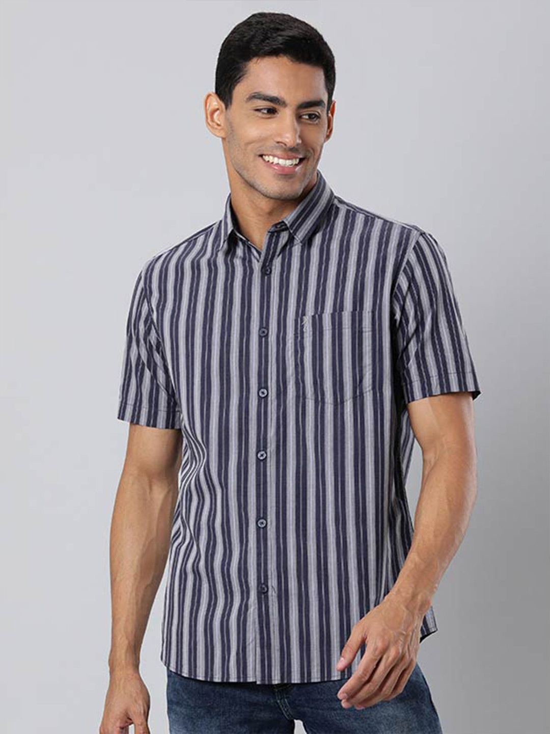 

Indian Terrain Chiseled Slim Fit Striped Pure Cotton Casual Shirt, Black