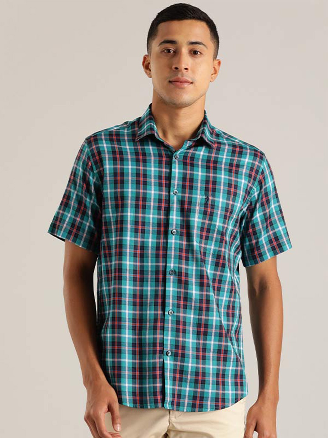 

Indian Terrain Chiseled Slim Fit Tartan Checked Casual Pure Cotton Shirt, Turquoise blue