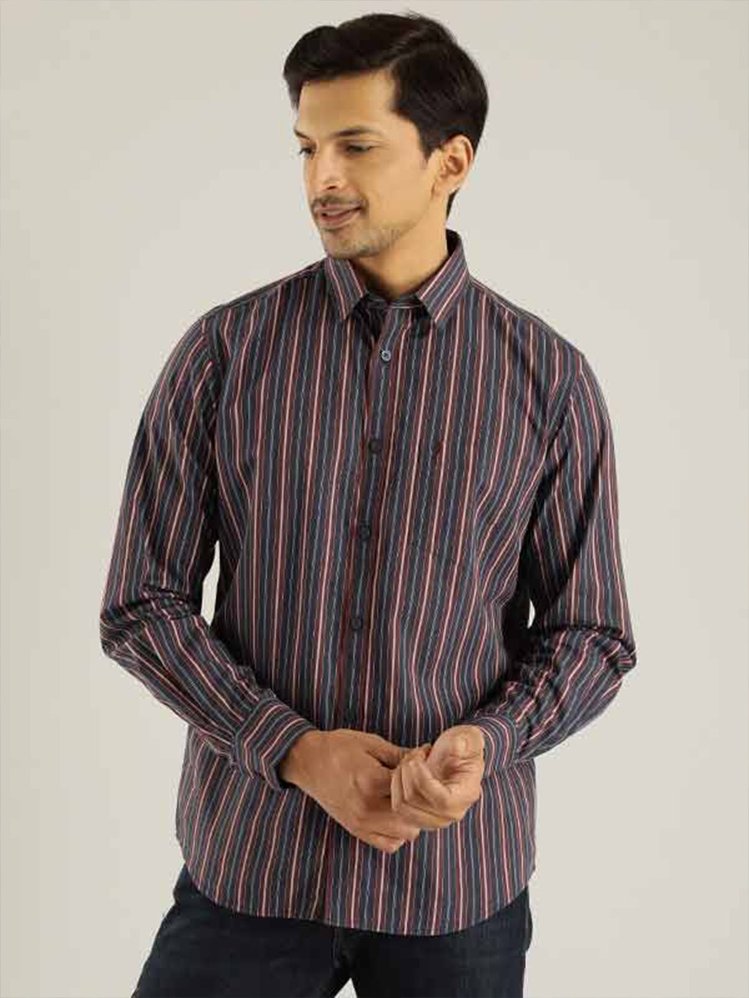 

Indian Terrain Chiseled Slim Fit Striped Casual Pure Cotton Shirt, Red