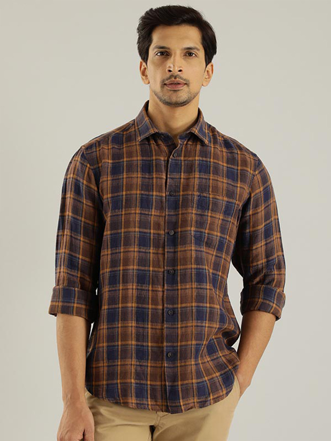 

Indian Terrain Chiseled Checked Slim Fit Spread Collar Cotton Casual Shirt, Brown