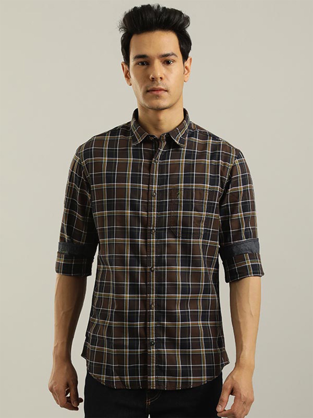 

Indian Terrain Chiseled Slim Fit Checked Pure Cotton Casual Shirt, Brown