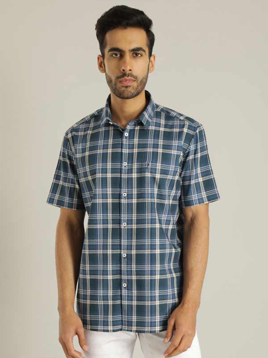 

Indian Terrain Tartan Checks Chiseled Slim Fit Cotton Casual Shirt, Blue