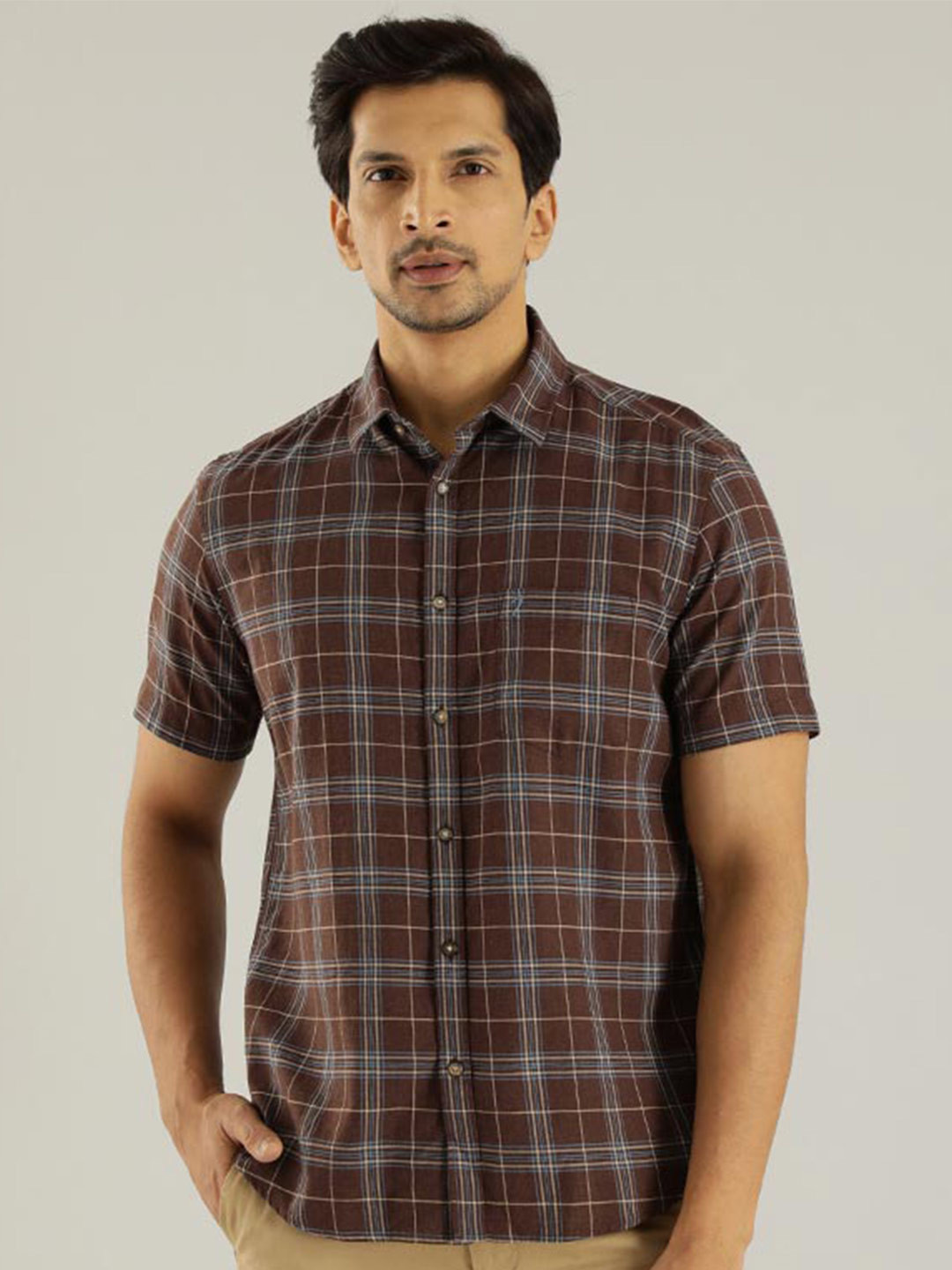 

Indian Terrain Chiseled Tartan Checked Spread Collar Pure Cotton Slim Fit Casual Shirt, Brown