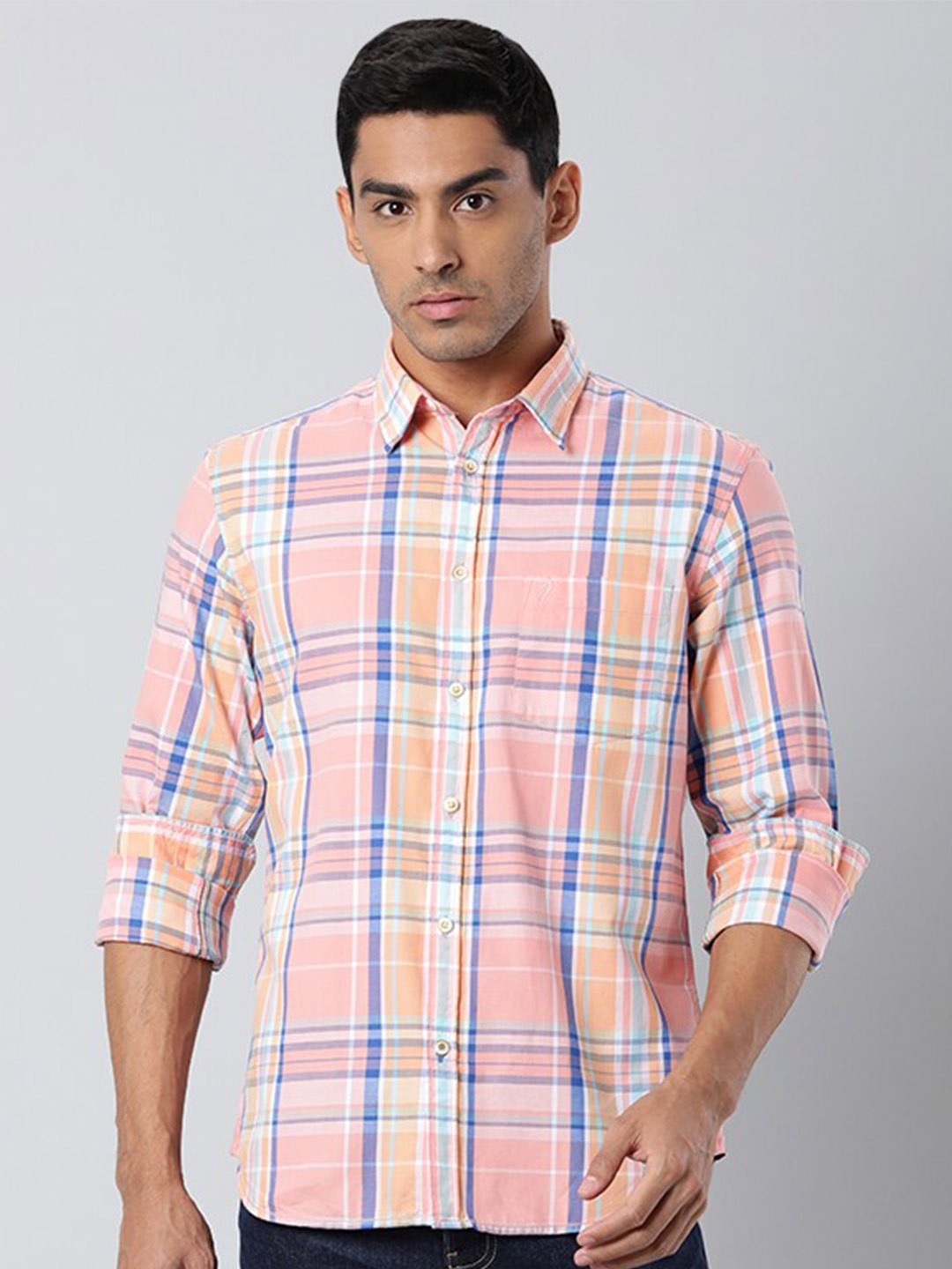 

Indian Terrain Chiseled Slim Fit Checked Pure Cotton Casual Shirt, Peach