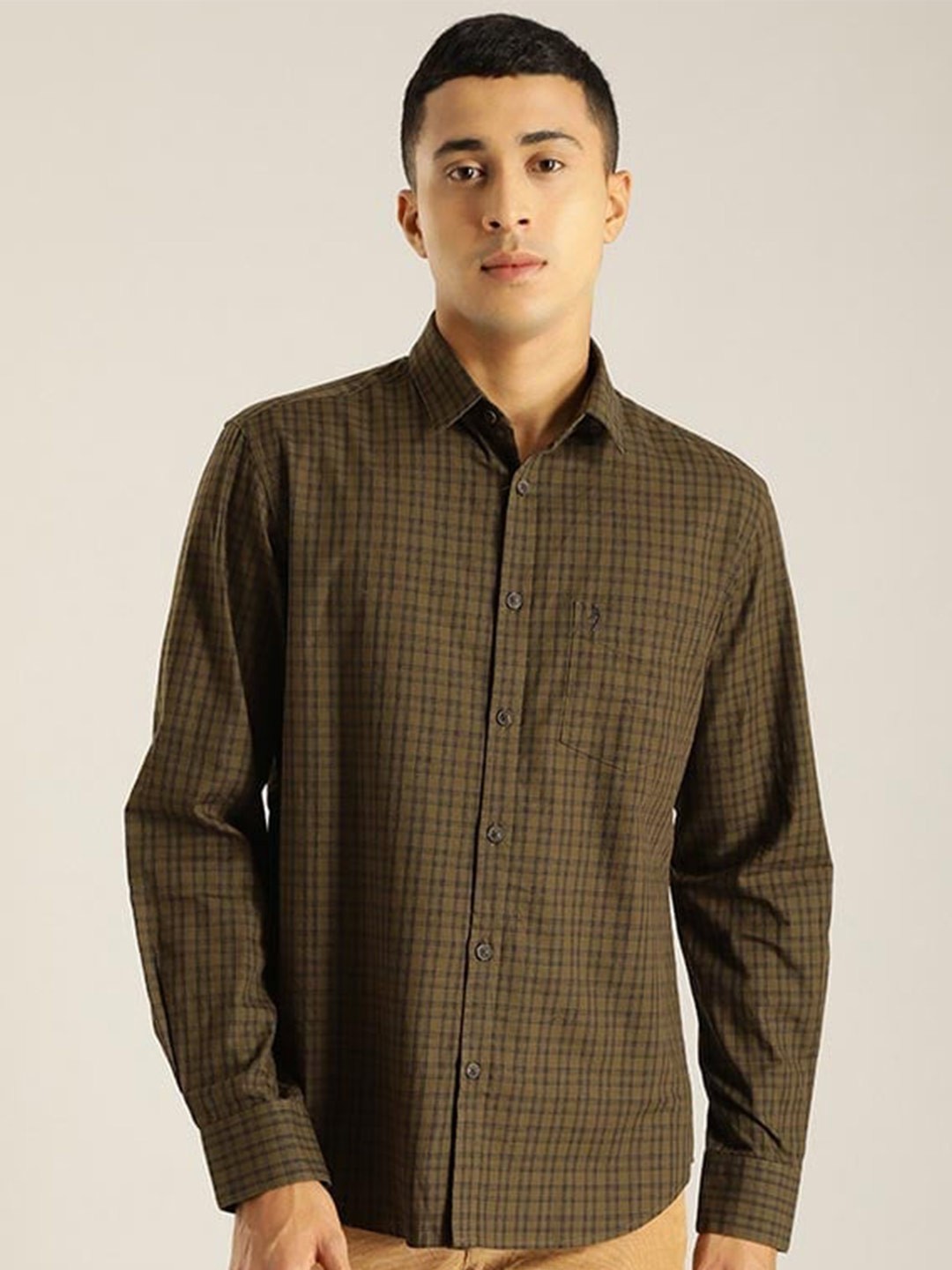 

Indian Terrain Chiseled Slim Fit Grid Tattersall Checked Pure Cotton Casual Shirt, Olive