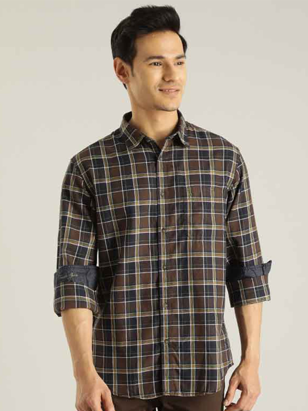 

Indian Terrain Chiseled Slim Fit Tartan Checked Pure Cotton Casual Shirt, Brown