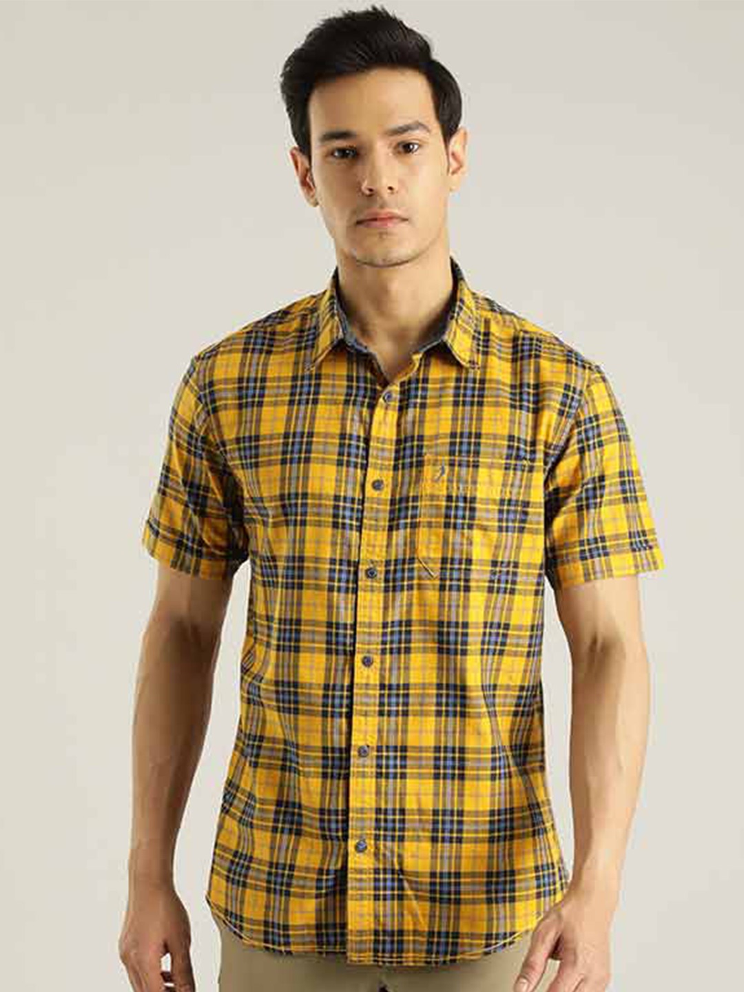 

Indian Terrain Chiseled Slim Fit Tartan Checked Casual Cotton Shirt, Yellow