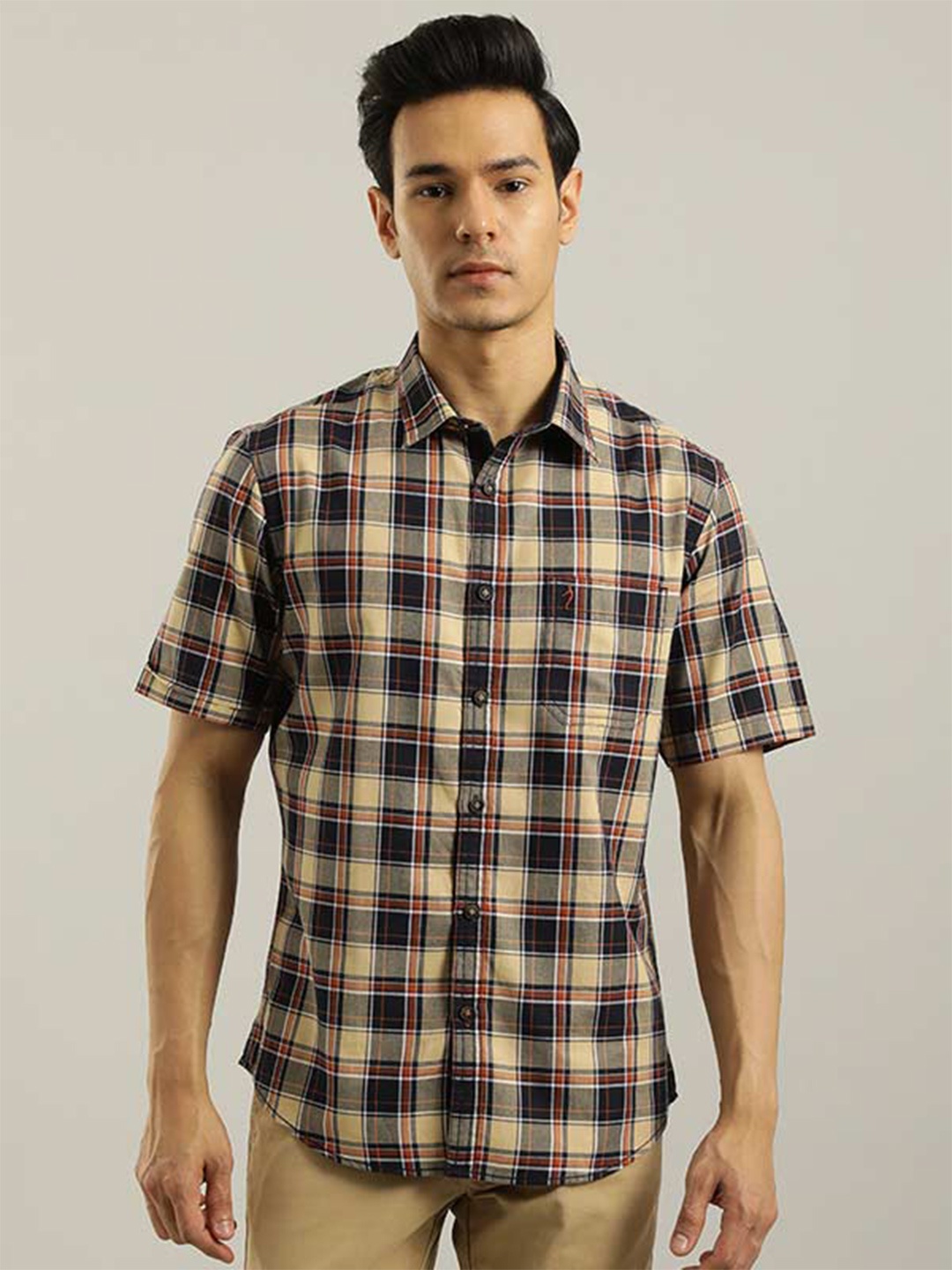 

Indian Terrain Chiseled Slim Fit Tartan Checked Pure Cotton Casual Shirt, Beige