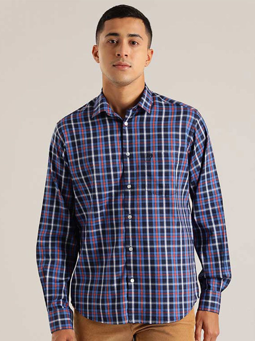 

Indian Terrain Checked Chiseled Slim Fit Opaque Pure Cotton Casual Shirt, Navy blue