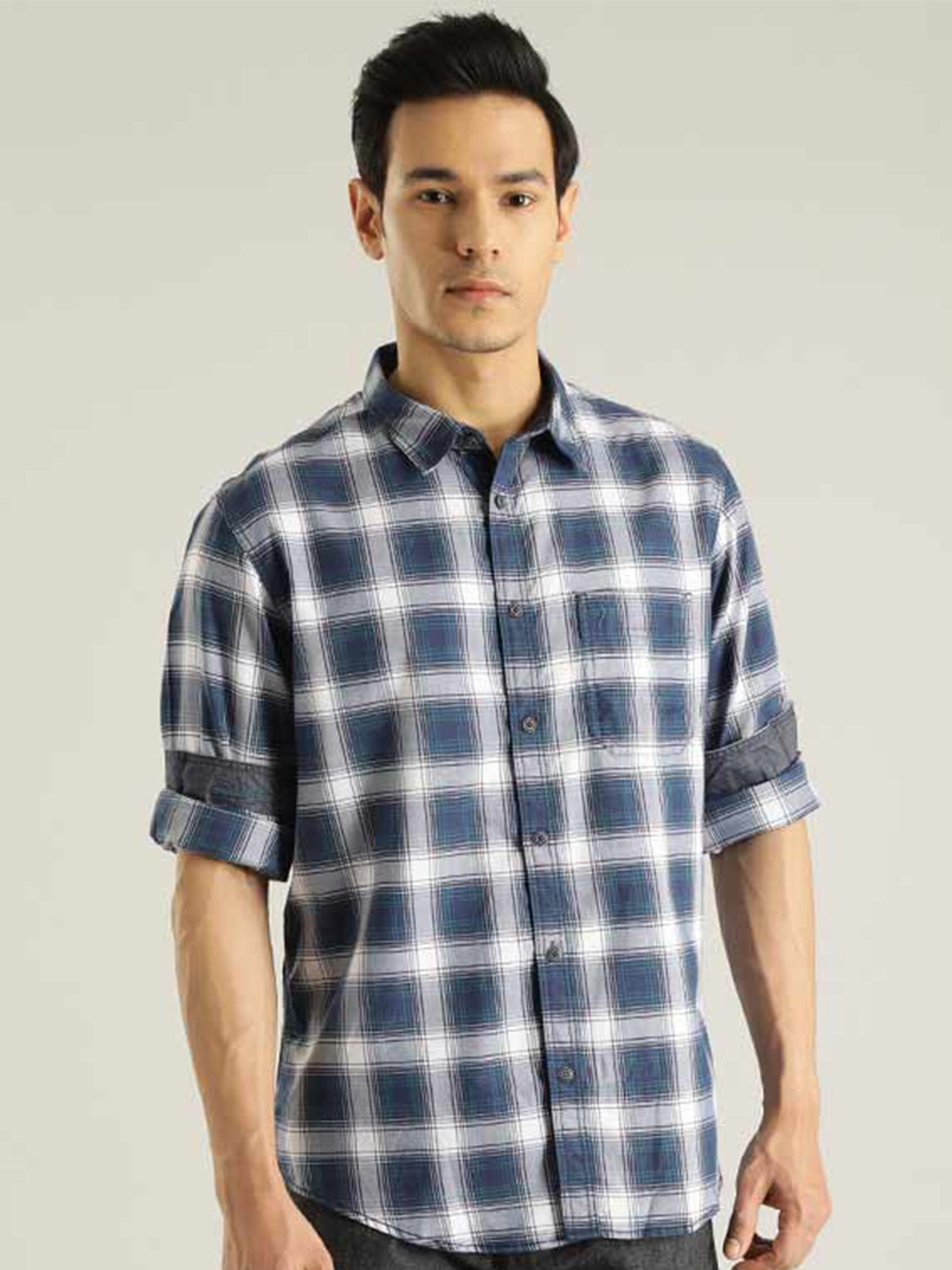 

Indian Terrain Chiseled Slim Fit Tartan Checked Pure Cotton Casual Shirt, Blue