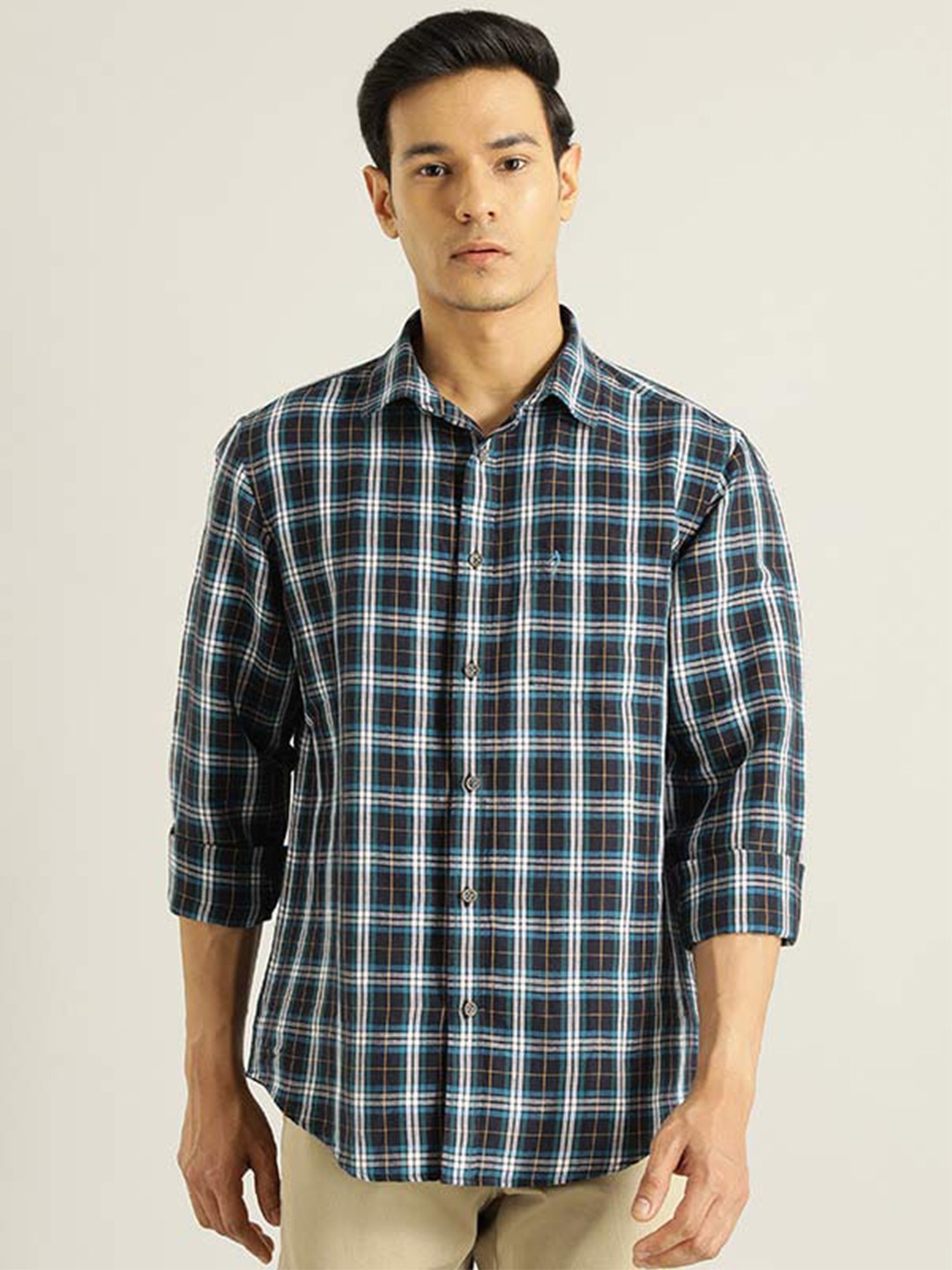 

Indian Terrain Chiseled Slim Fit Tartan Checked Pure Cotton Casual Shirt, Navy blue