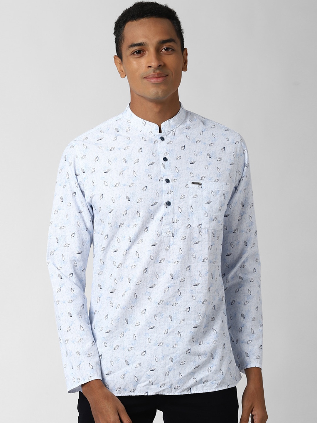 Peter England Mandarin Collar Floral Printed Short Kurta, Blue