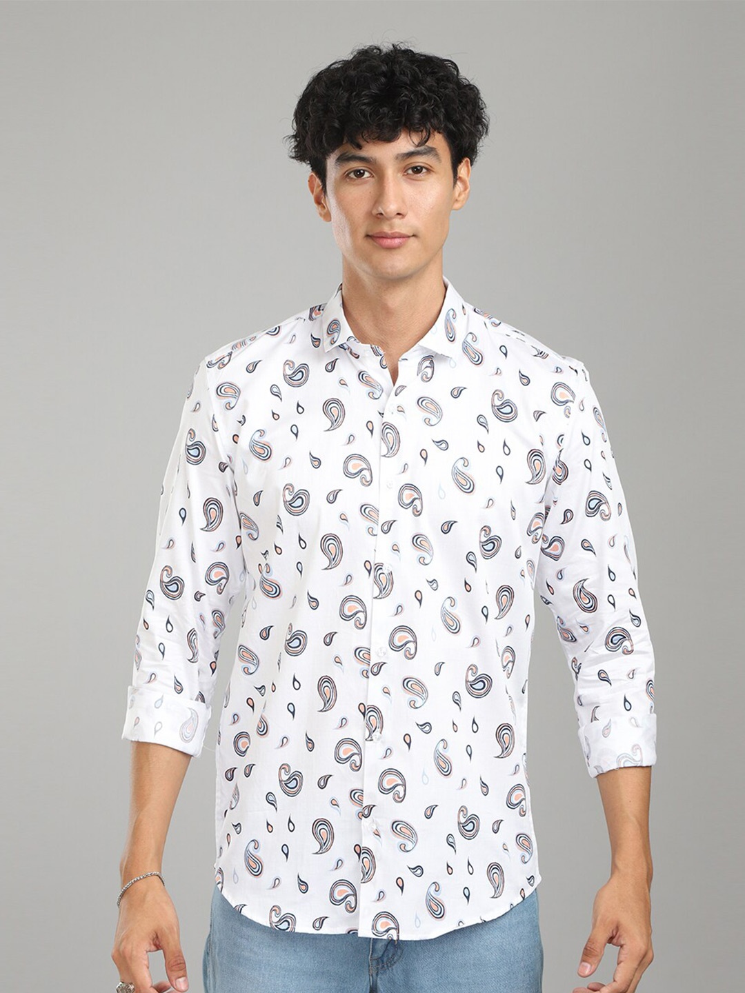 

FOGA New Fit Ethnic Motifs Printed Pure Cotton Casual Shirt, White