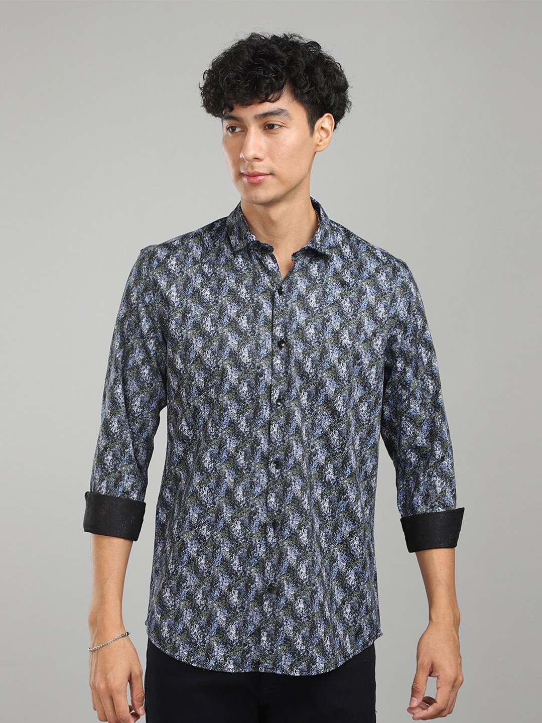 

FOGA New Abstract Printed Satin Shirt, Navy blue