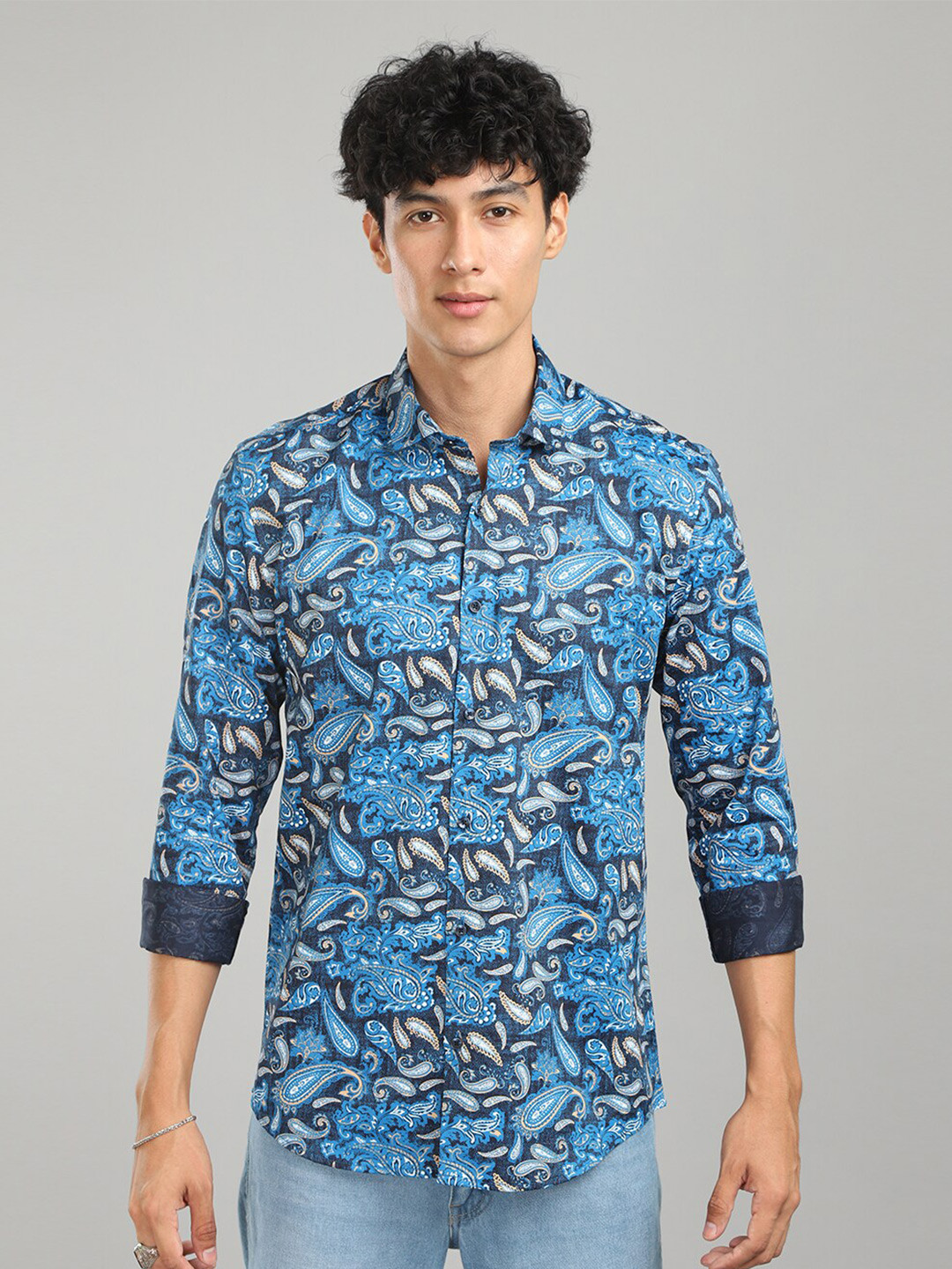 

FOGA New Fit Ethnic Motifs Printed Pure Cotton Casual Shirt, Blue