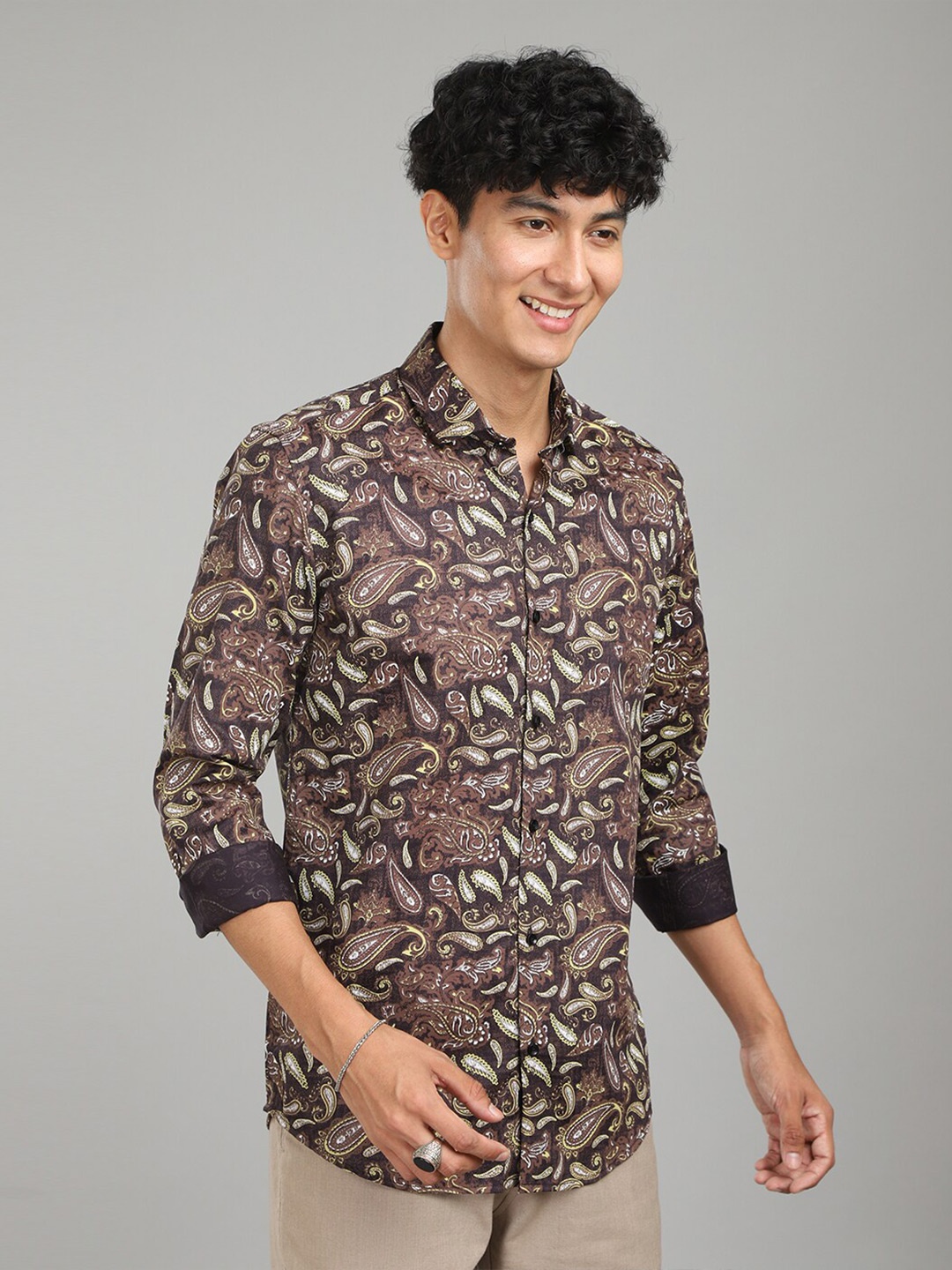 

FOGA New Floral Printed Satin Shirt, Brown